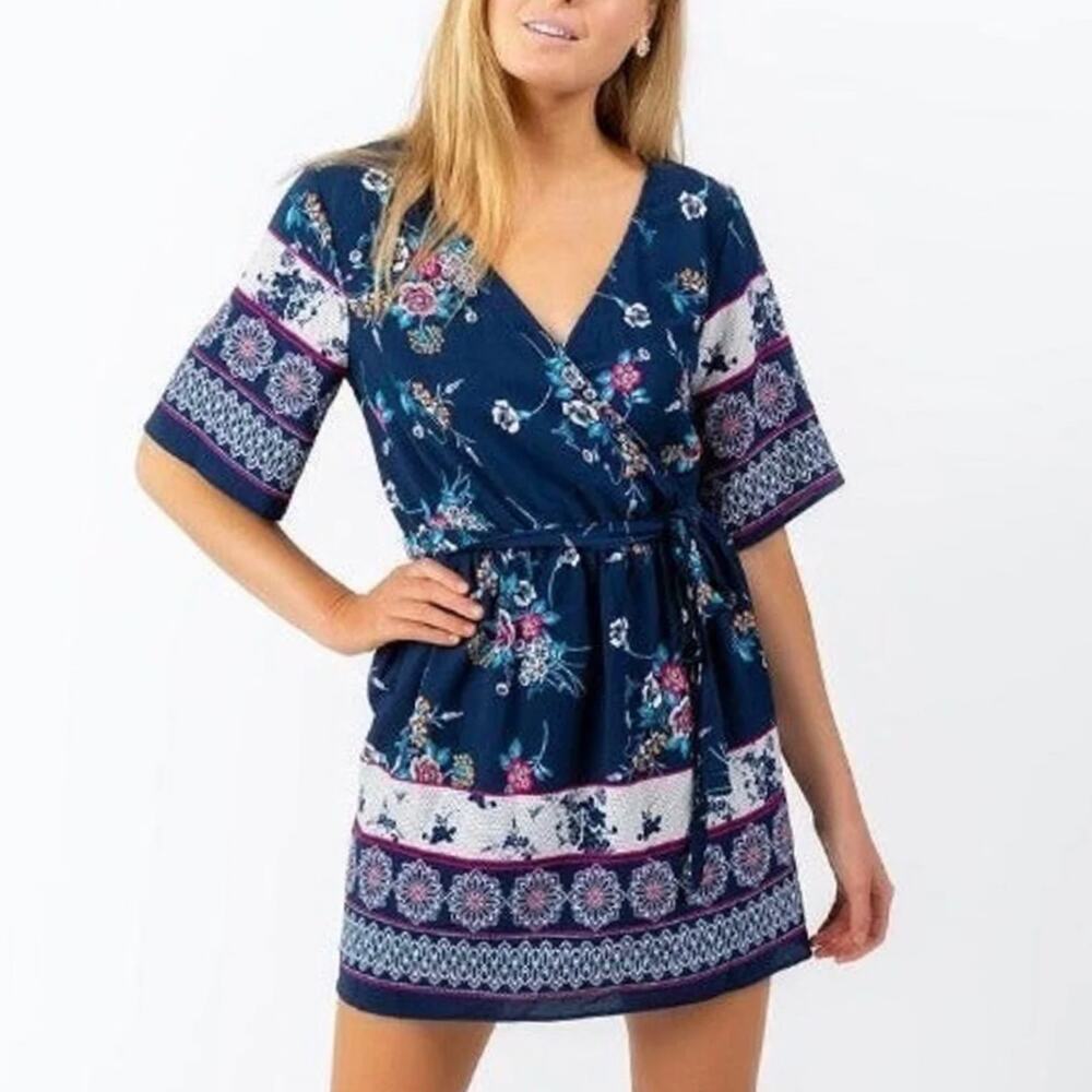 Francesca's Trixxi Floral Navy Blue Boho Summer Surplice Mini Dress Small